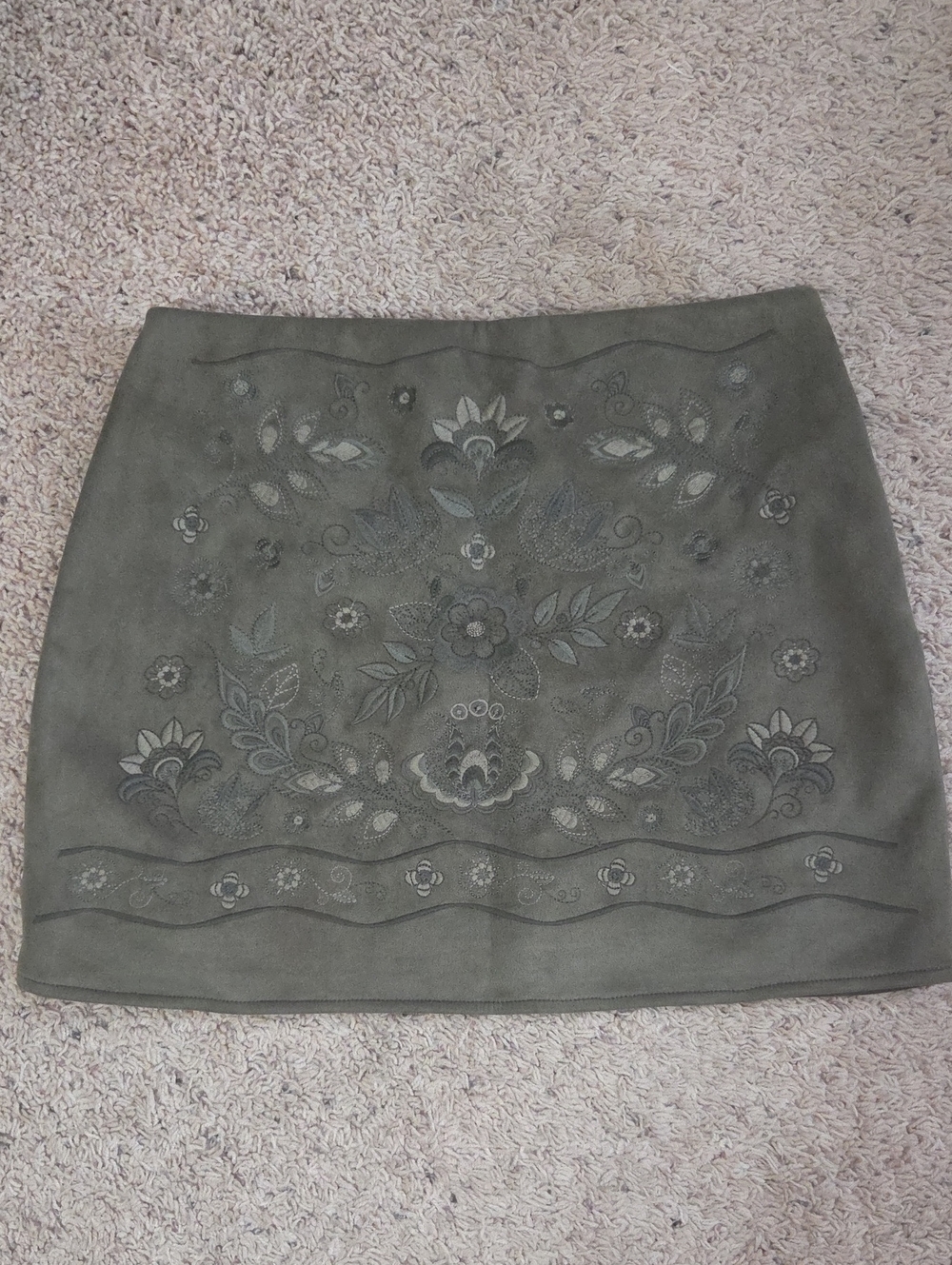 Versona Olive Green Embroidered Suede-Look Mini Skirt